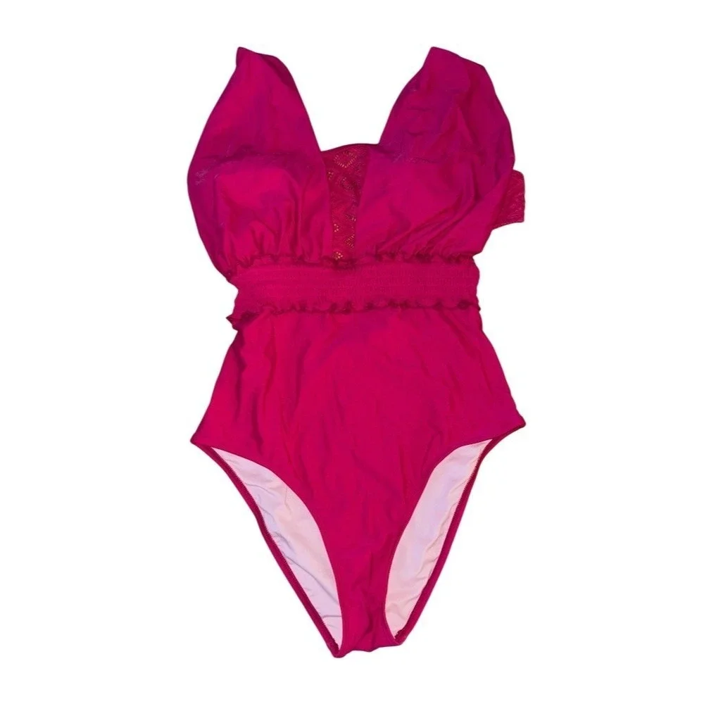 CUPSHE One-Piece Swimsuit Womens Size M Magenta Plunge V-Neck Lace Back rushed